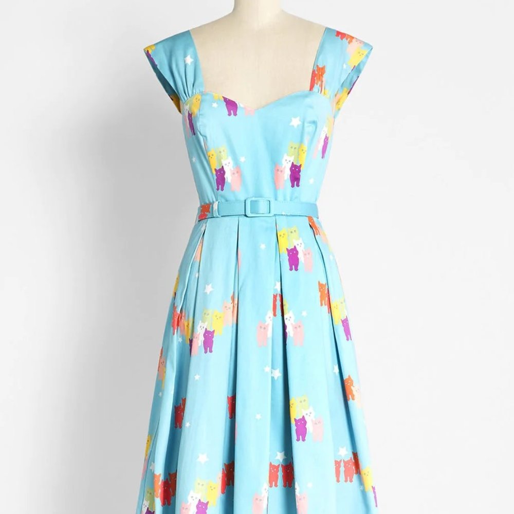 NWT Modcloth Collectif Cosmically Colorful Cats Blue Belted Swing Dress Size 10